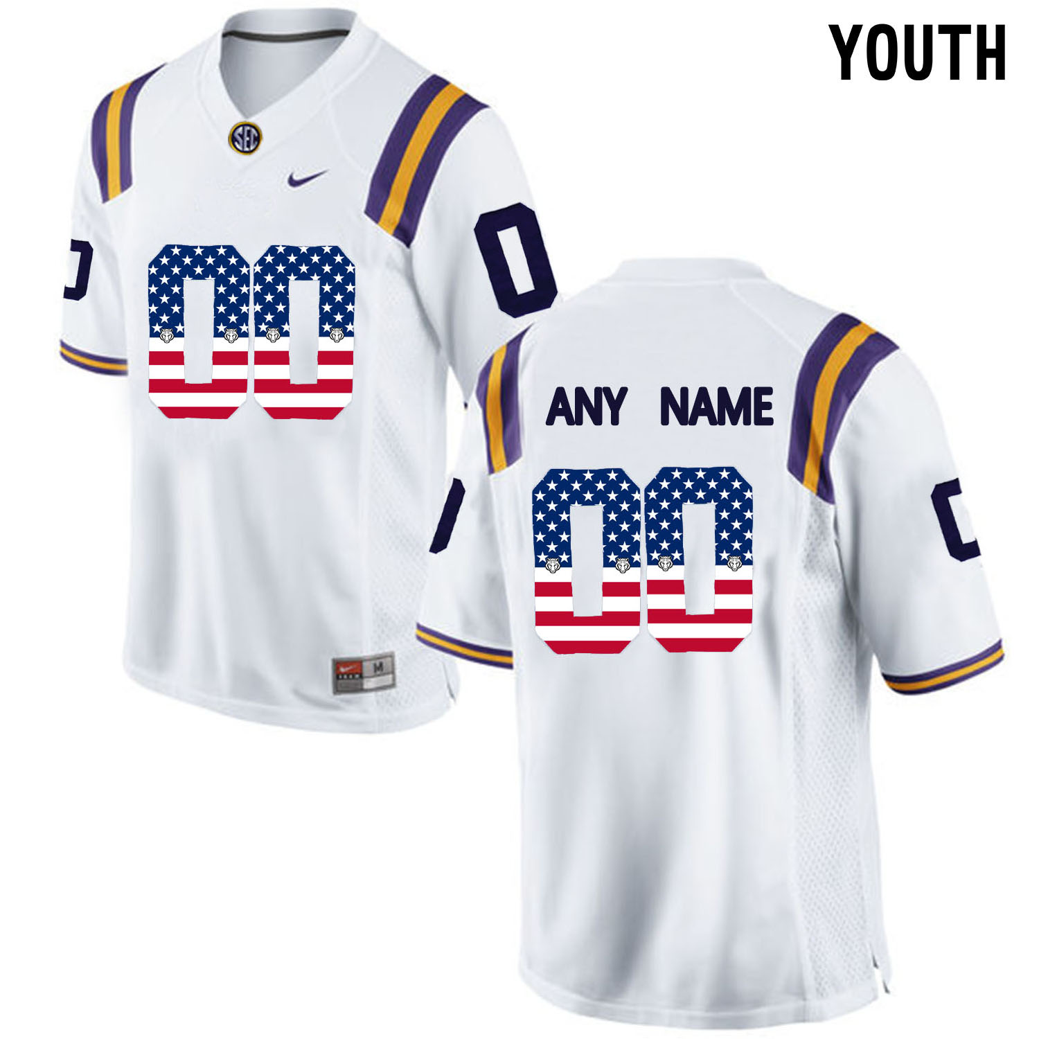 US Flag Fashion  Youth LSU Tigers Customized College Football Limited Jersey  White->->Custom Jersey